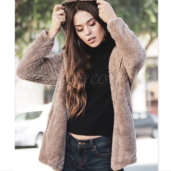 Cozy Sherpa Fur Hoodie Teddy Coat - Tan - Picture 2 of 5